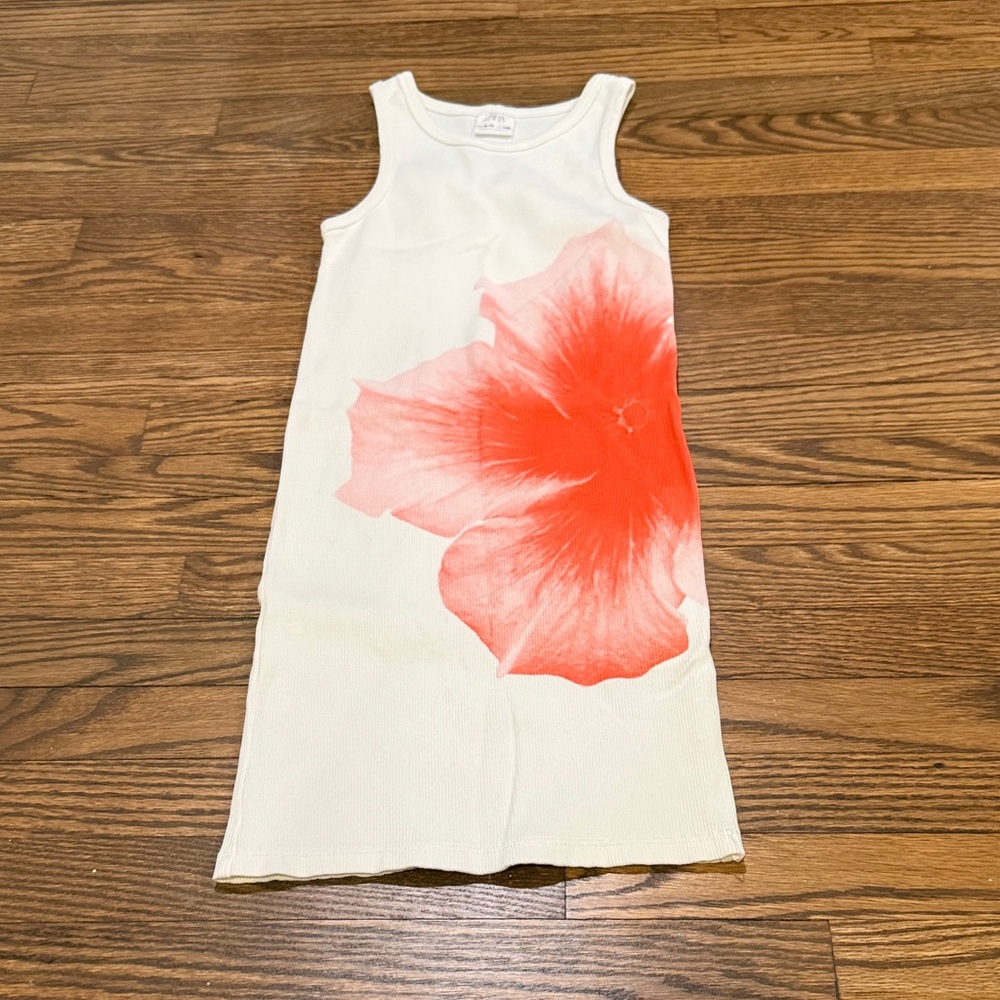 Zara Girls White Ribbed Flower Dress Size 10